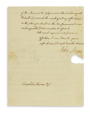 ADAMS, JOHN. Letter Signed, to Theophilus Parsons,